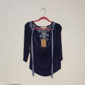 Sheryl Crow Chic Navy Blue Embroidered Women's Blouse